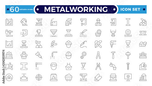 Fotografía Metalworking Outline Icon Set with Welding, Cutting, Grinding, Lathe, Drill, Steel Fabrication, and Industrial Tool Symbols for Manufacturing and Engineering