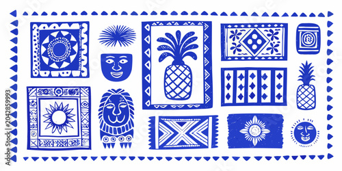 tribal stamps blue white pattern tropical pineapple