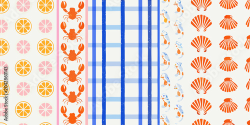 Wall Mural nautical summer pattern with colorful stripes and sea motifs