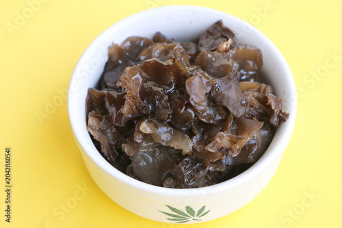 Edible jelly ear mushrooms. Fresh wood ear mushrooms in a bowl, ingredient for Asian cuisine