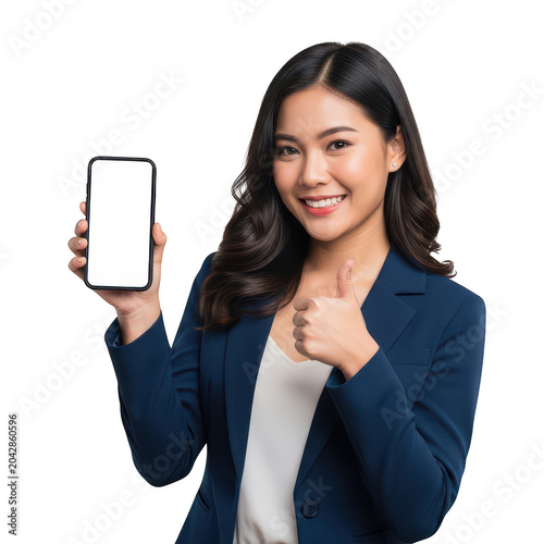Woman showing smartphone with thumbs up isolated on transparent background