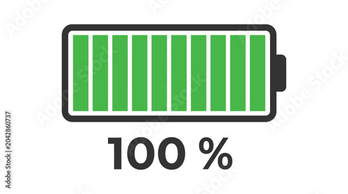 A fully charged green battery icon displays one hundred percent power level indicator
