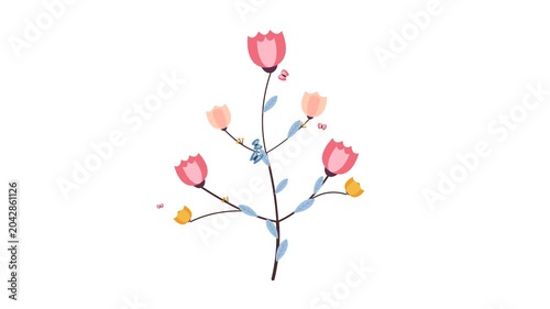 Illustrated Floral Bouquet Branch with Fluttering Butterflies