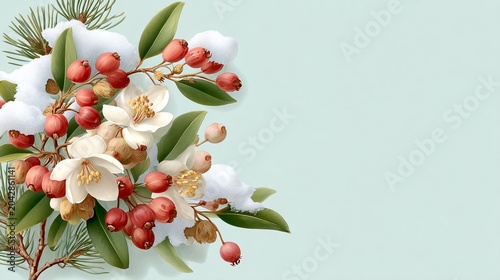 a festive botanical arrangement features white flowers, red berries, and pine needles dusted with soft snow against a pale, minimalist background.