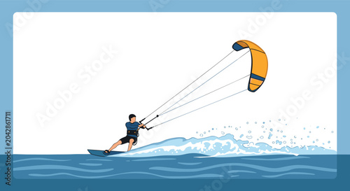Active kitesurfer skillfully rides a wave on his board using a bright orange kite for power in the deep blue ocean.