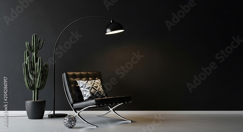 Black textured wall and modern lamp black leather chair with cactus and pillow. concrete floor and ball