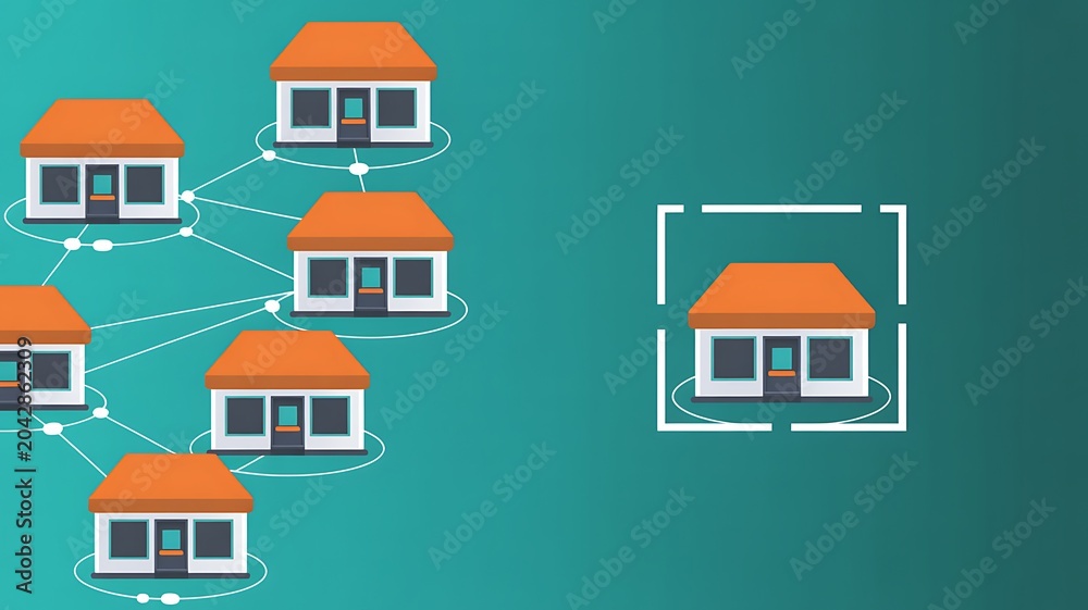 Naklejka premium Digital illustration of a network of connected houses or business properties, with one specific unit highlighted, symbolizing selection, focus, or a distributed system concept
