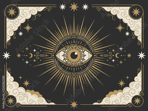 Mystical All-Seeing Eye Illustration with Sunburst, Moon and Stars. Vintage Esoteric Occult Art Background for Tarot, Astrology, and Spiritual Design.