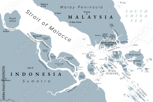 Singapore and southern Strait of Malacca, gray political map. Malacca Strait and Singapore Strait connecting Indian Ocean with South China Sea, a geostrategic choke point for global shipping. Vector