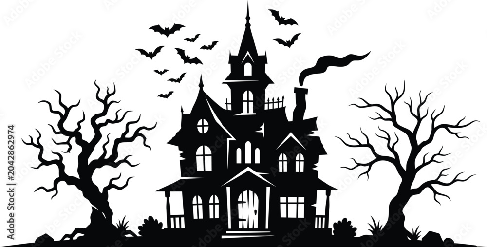 Ταπετσαρία Black silhouette of a spooky haunted house with bats and trees on white backgrou