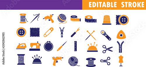 фотографія Sewing and tailoring tools flat icon set with tailoring embroidery scissors meas