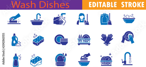 Tableau sur toile Dishwashing and kitchen cleaning line icon set with editable strokes dishwashing