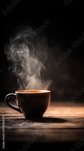 Dark brown ceramic cup with hot beverage steam rising against a black background on wood