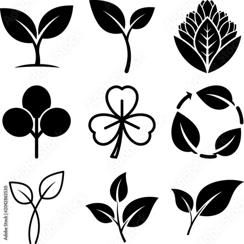Black Leaf Vector Icons Set featuring Birch Ginkgo Plant Sprout and Floral Silhouettes