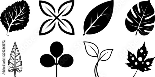 Black Leaf Vector Icons Set featuring Birch Ginkgo Plant Sprout and Floral Silhouettes