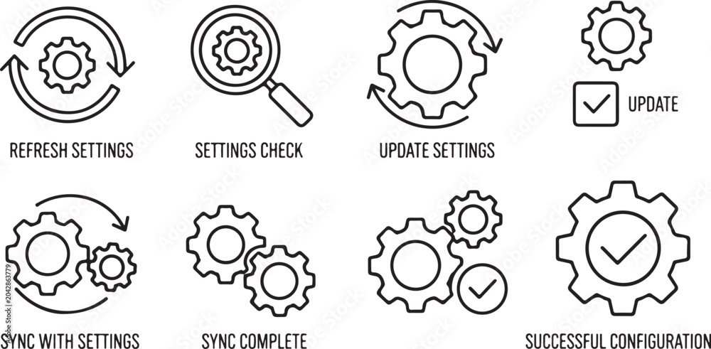 Obraz premium A clean set of outline-style gear and settings icons, including update markers, search features, and checkmarks.