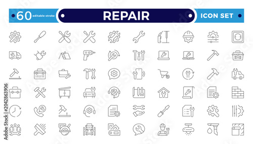 Foto Repair and Maintenance Outline Icon Set with Toolbox, Wrench, Hammer, Handyman, and Fixing Symbols for Home Service, Restoration, and Mechanical Assistance