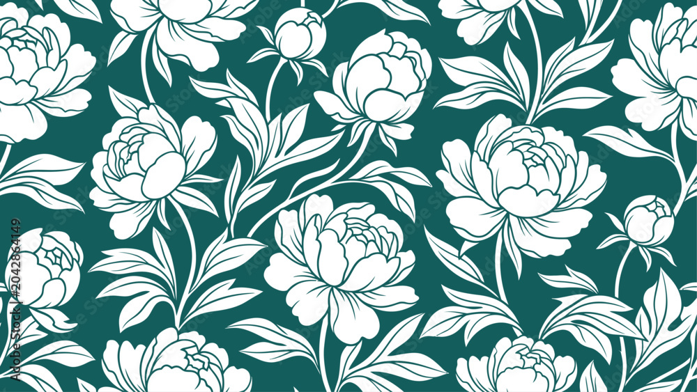 Fototapeta premium Elegant White Peony Flowers and Leaves Seamless Botanical Pattern Illustration on a Dark Teal Background