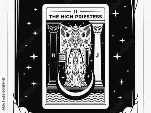 The High Priestess Major Arcana Tarot Card Illustration, Black and White Mystical Esoteric Vector Art