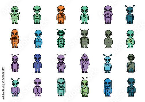 Fotografie Flat Vector Alien Character Icon Set: 24 Unique Extraterrestrial Creatures in Va