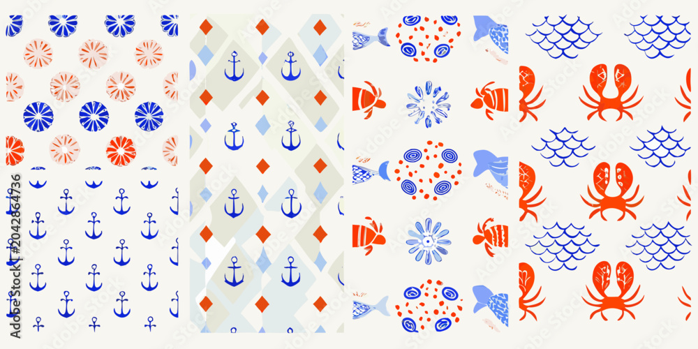 Obraz premium nautical patterns with anchors crabs and fish
