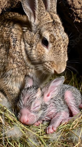 Mother rabbit with newborn baby bunnies.