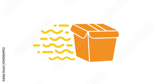 Bild auf Leinwand A simple orange icon of a cardboard box moving quickly across a white background