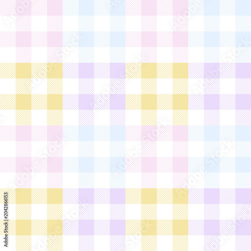 A seamless pastel gingham pattern featuring soft pink, blue, yellow, and purple checkered squares.