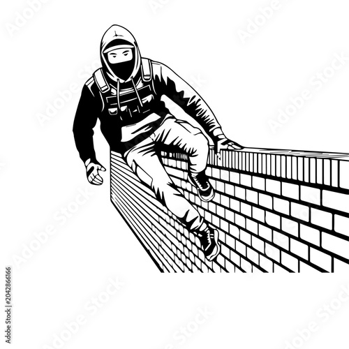 Black and White Parkour Vector Illustration – Urban Free Running Athlete Vaulting Over Obstacle, Line Art Graphic Stencil