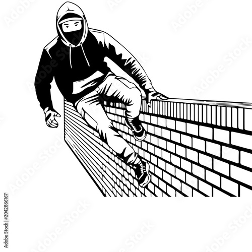 Black and White Parkour Vector Illustration – Urban Free Running Athlete Vaulting Over Obstacle, Line Art Graphic Stencil