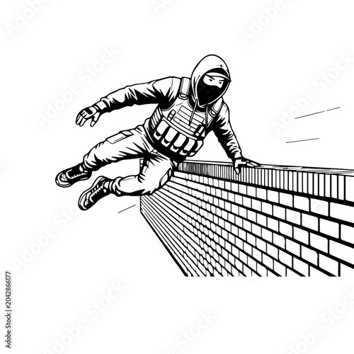 Black and White Parkour Vector Illustration – Urban Free Running Athlete Vaulting Over Obstacle, Line Art Graphic Stencil