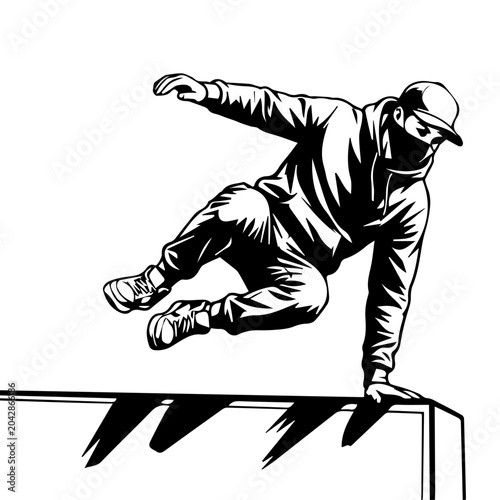 Black and White Parkour Vector Illustration – Urban Free Running Athlete Vaulting Over Obstacle, Line Art Graphic Stencil