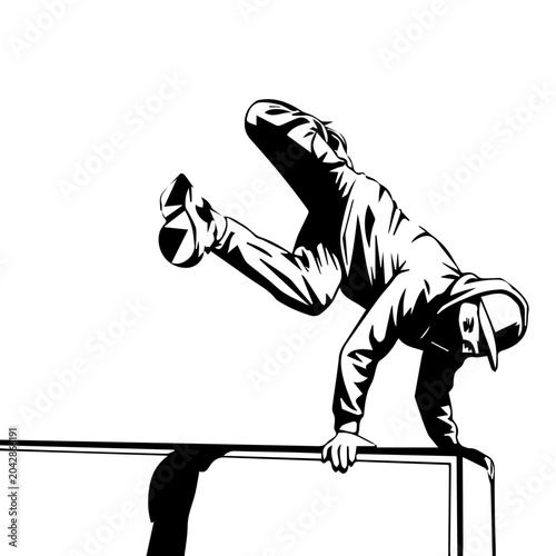 Black and White Parkour Vector Illustration – Urban Free Running Athlete Vaulting Over Obstacle, Line Art Graphic Stencil