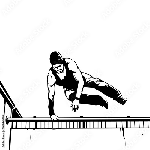 Black and White Parkour Vector Illustration – Urban Free Running Athlete Vaulting Over Obstacle, Line Art Graphic Stencil
