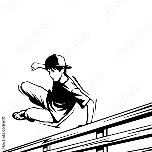 Black and White Parkour Vector Illustration – Urban Free Running Athlete Vaulting Over Obstacle, Line Art Graphic Stencil
