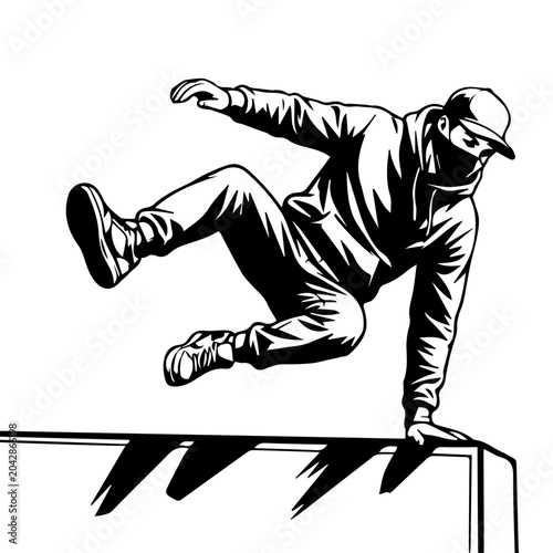 Black and White Parkour Vector Illustration – Urban Free Running Athlete Vaulting Over Obstacle, Line Art Graphic Stencil