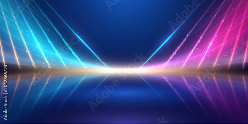 Tableau sur toile Abstract stage lighting with neon beams in blue and pink, reflected on a glossy surface, creating a vibrant and energetic atmosphere