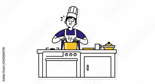 Cartoon chef cooking busily in colorful kitchen scene.