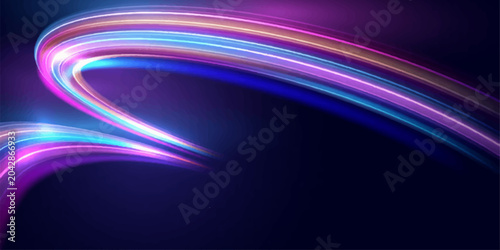 Foto Abstract light trails in vibrant neon purple and electric blue flow and curve against a dark, deep background, evoking speed, motion, and futuristic energy