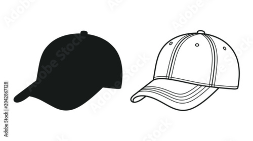 baseball cap silhouette and line drawing hat