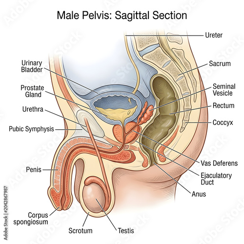 Male pelvis sagittal section showing reproductive and urinary systems anatomy