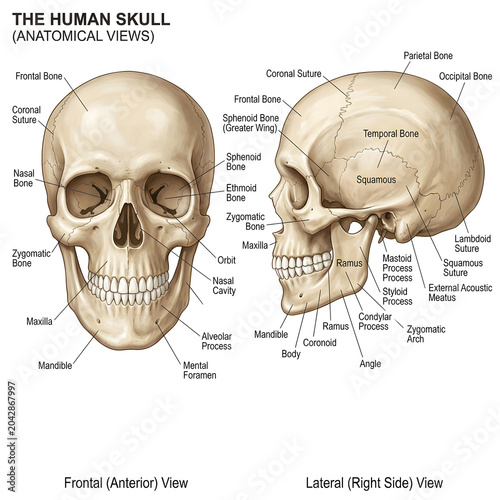 Anatomical views of the human skull frontal and lateral skull anatomy human skeleton