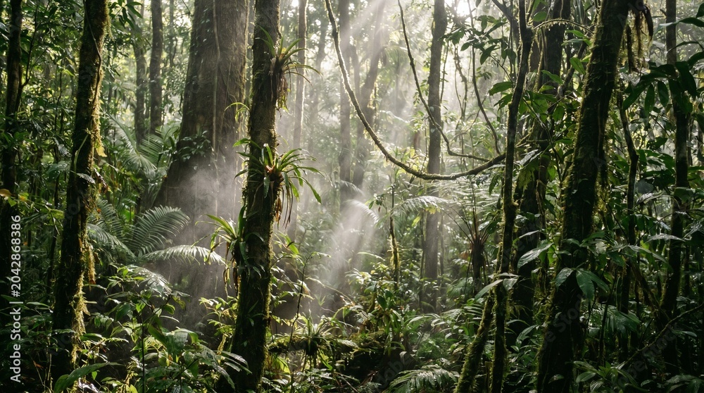 Obraz premium Misty sunlight filters through dense forest