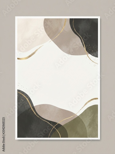 Modern interior mockup with abstract gold framed poster on wooden console.
A realistic interior mockup displaying a framed minimalist abstract print next to a vase with dried flowers.