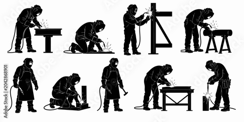 Workers engaged in various welding activities across different stations and tools.