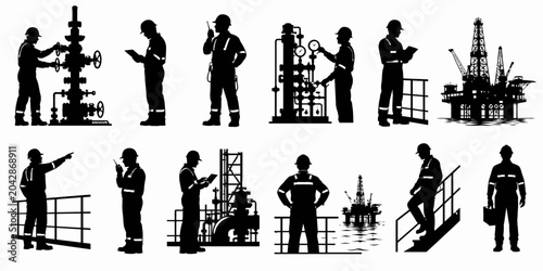 Workers operate and manage industrial equipment at an oil rig facility site.