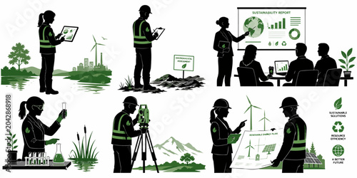 Workers in green vests engaging in various eco-friendly activities with technology and nature around them in a sustainable environment.