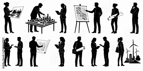 Professionals engaged in business planning with charts and graphs in office setting with wind turbines