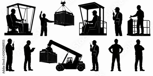 Workers operate heavy machinery lifting containers in an industrial setting with forklifts and cranes nearby.