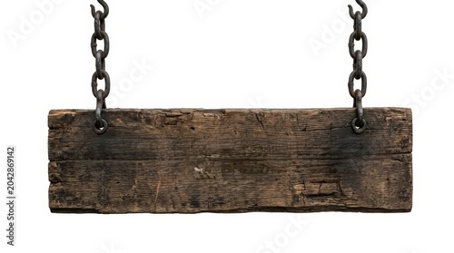 A Rustic Weathered Wooden Plank Sign Hanging From Metal Chains